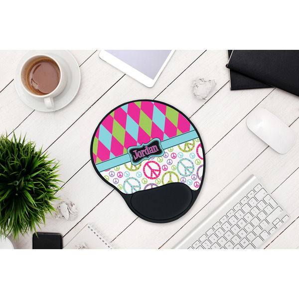 Harlequin & Peace Signs Mouse Pad with Wrist Rest - LIFESYTLE 1