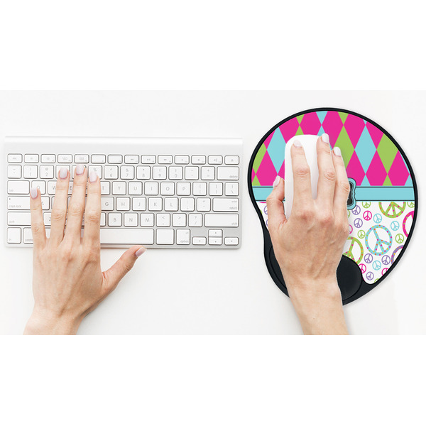 Harlequin & Peace Signs Mouse Pad with Wrist Rest - LIFESYTLE 2 (in use)