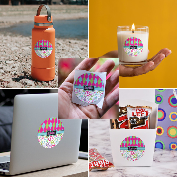 Harlequin & Peace Signs Multipurpose Round Labels - In Context