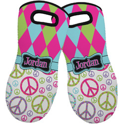 Harlequin & Peace Signs Neoprene Oven Mitts - Set of 2 w/ Name or Text