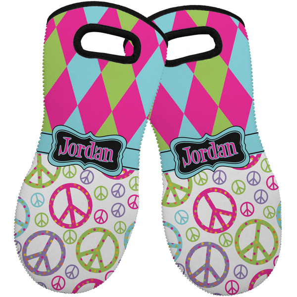 Custom Harlequin & Peace Signs Neoprene Oven Mitts - Set of 2 w/ Name or Text