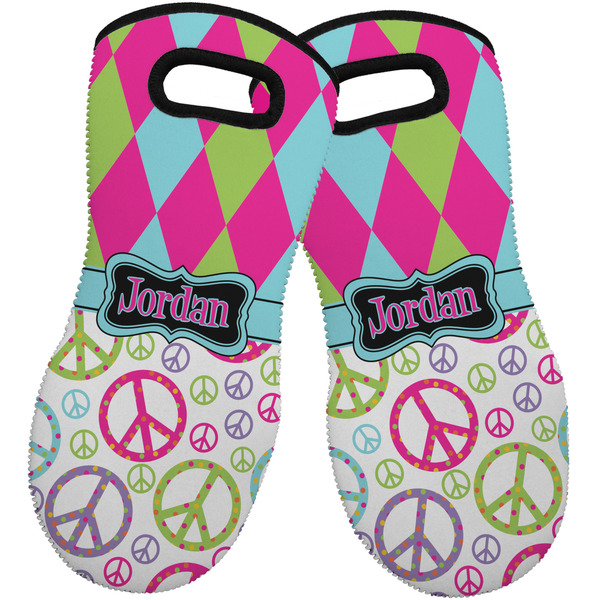 Harlequin & Peace Signs Neoprene Oven Mitt -Set of 2 - Front