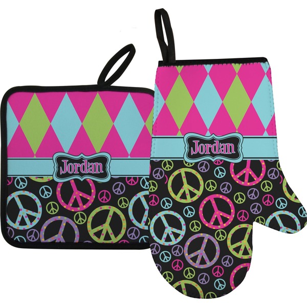 Custom Harlequin & Peace Signs Right Oven Mitt & Pot Holder Set w/ Name or Text