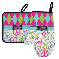Harlequin & Peace Signs Left Oven Mitt & Pot Holder Set w/ Name or Text