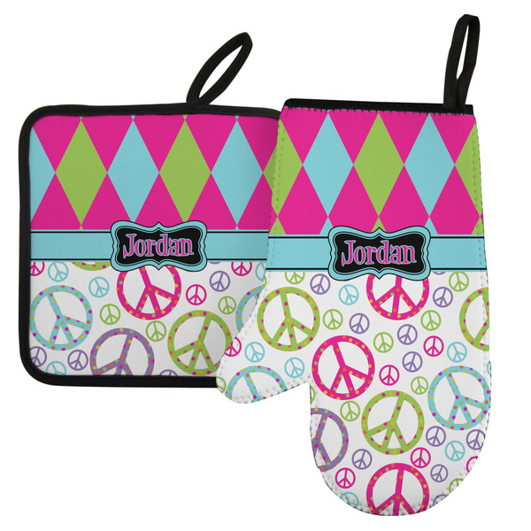 Custom Harlequin & Peace Signs Left Oven Mitt & Pot Holder Set w/ Name or Text
