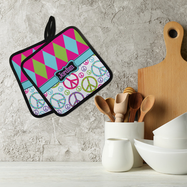 Harlequin & Peace Signs Neoprene Pot Holder - Set of 2  LIFESTYLE