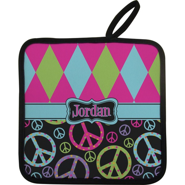 Custom Harlequin & Peace Signs Pot Holder w/ Name or Text