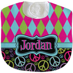 Harlequin & Peace Signs Velour Baby Bib w/ Name or Text