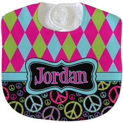Harlequin & Peace Signs Velour Baby Bib w/ Name or Text