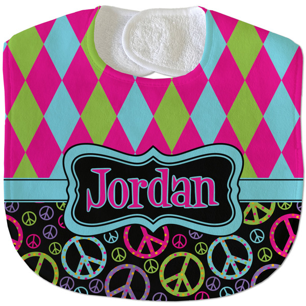 Custom Harlequin & Peace Signs Velour Baby Bib w/ Name or Text
