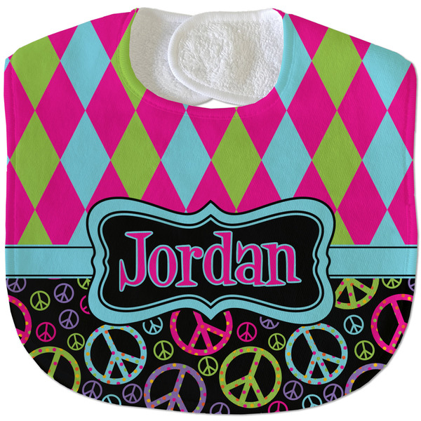 Harlequin & Peace Signs New Baby Bib - Closed and Folded