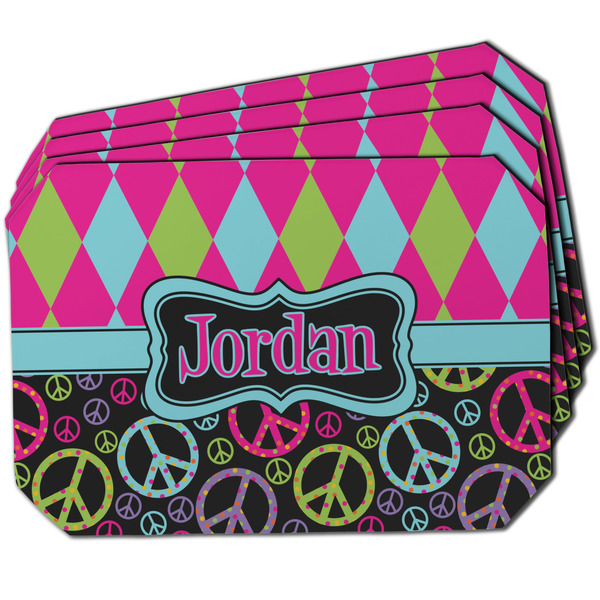 Custom Harlequin & Peace Signs Dining Table Mat - Octagon w/ Name or Text