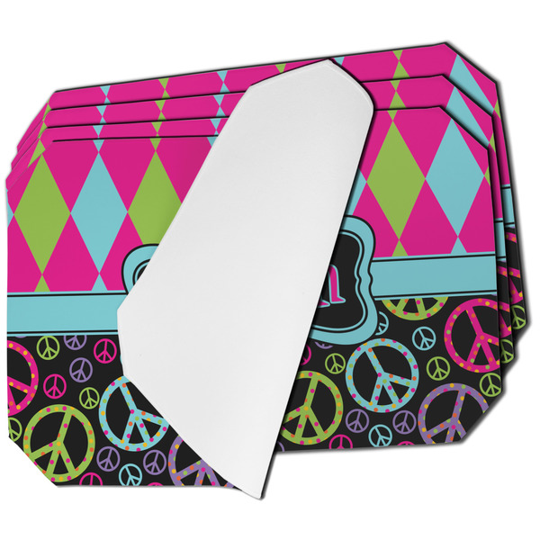 Custom Harlequin & Peace Signs Dining Table Mat - Octagon - Set of 4 (Single-Sided) w/ Name or Text