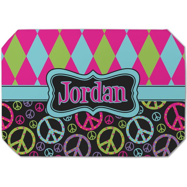 Custom Harlequin & Peace Signs Dining Table Mat - Octagon (Single-Sided) w/ Name or Text