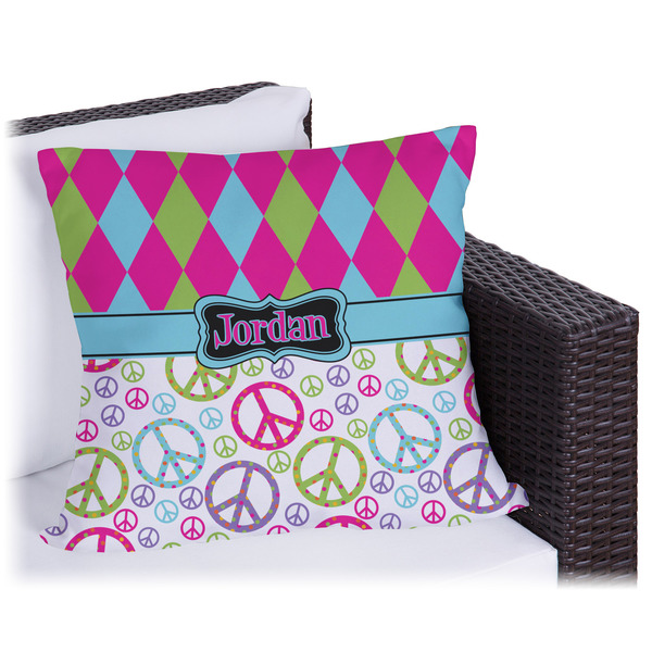 Custom Harlequin & Peace Signs Outdoor Pillow - 16" (Personalized)