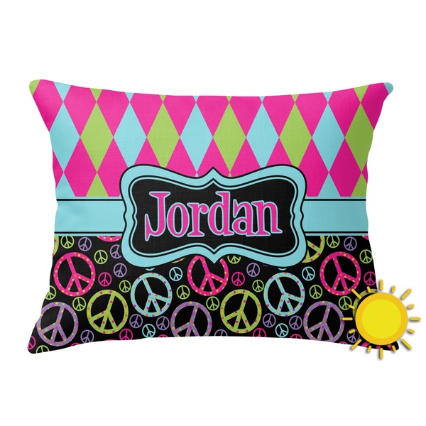 Custom Harlequin & Peace Signs Outdoor Throw Pillow (Rectangular) (Personalized)