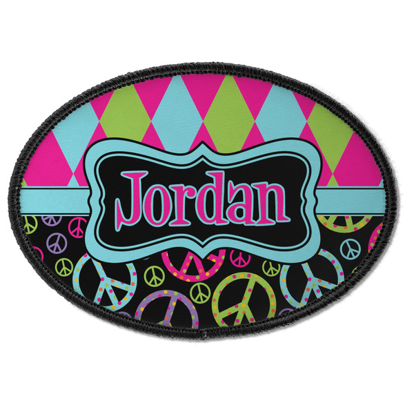 Custom Harlequin & Peace Signs Iron On Oval Patch w/ Name or Text