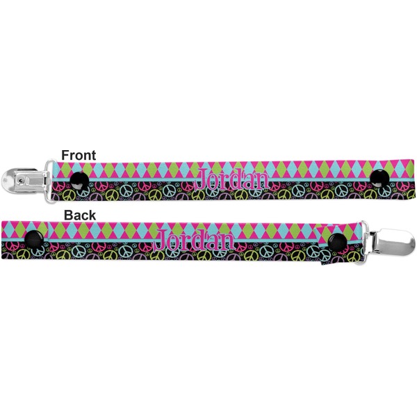 Harlequin & Peace Signs Pacifier Clip - Front and Back