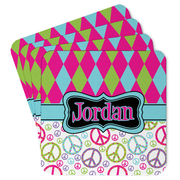 Custom Harlequin & Peace Signs Paper Coasters w/ Name or Text