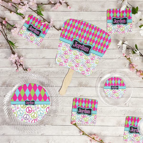 Harlequin & Peace Signs Party Supplies Combination Image - All items - Plates, Coasters, Fans