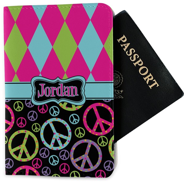 Custom Harlequin & Peace Signs Passport Holder - Fabric (Personalized)