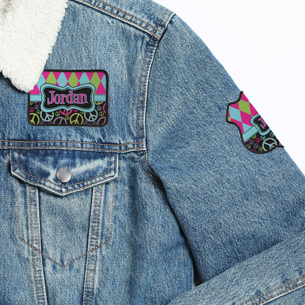 Harlequin & Peace Signs Patches Lifestyle Jean Jacket Detail