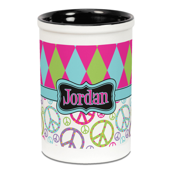 Harlequin & Peace Signs Pencil Holder - Black