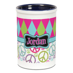 Harlequin & Peace Signs Ceramic Pencil Holders - Blue