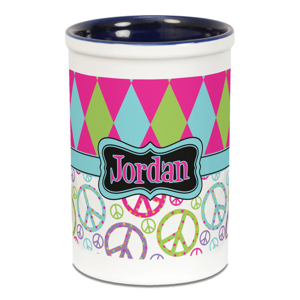 Harlequin & Peace Signs Pencil Holder - Blue