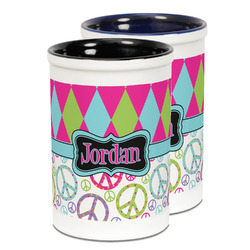 Harlequin & Peace Signs Ceramic Pencil Holder - Large