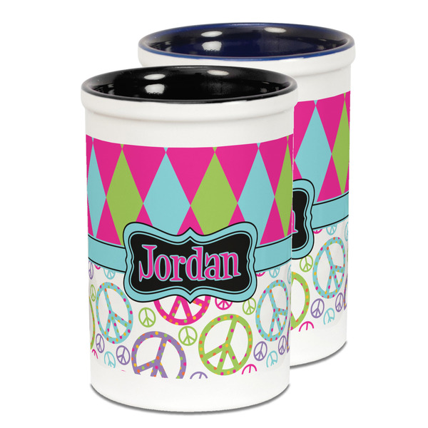 Custom Harlequin & Peace Signs Ceramic Pencil Holder - Large