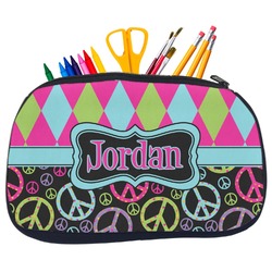 Harlequin & Peace Signs Neoprene Pencil Case - Medium w/ Name or Text