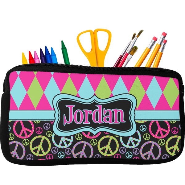 Custom Harlequin & Peace Signs Neoprene Pencil Case - Small w/ Name or Text