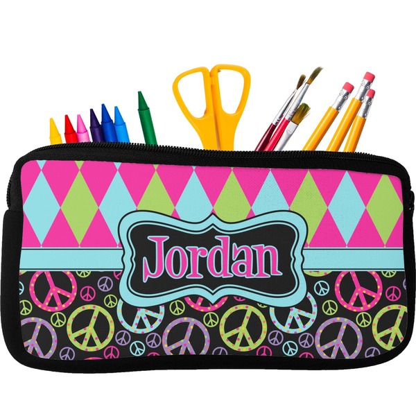 Custom Harlequin & Peace Signs Neoprene Pencil Case (Personalized)
