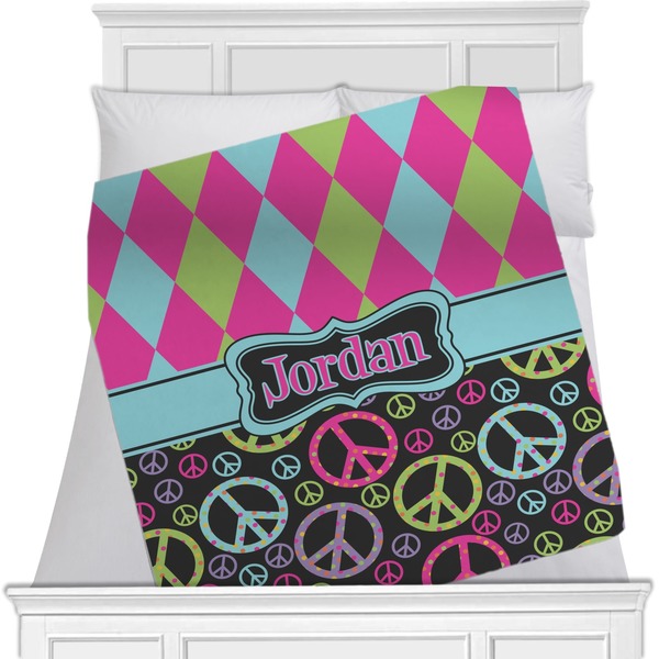 Custom Harlequin & Peace Signs Minky Blanket - Twin / Full - 80"x60" - Double Sided (Personalized)
