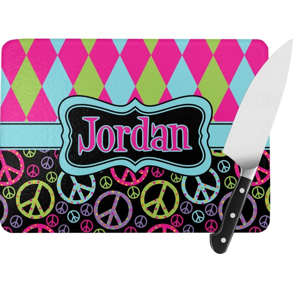 Custom Harlequin & Peace Signs Rectangular Glass Cutting Board - Large - 15.25"x11.25" w/ Name or Text