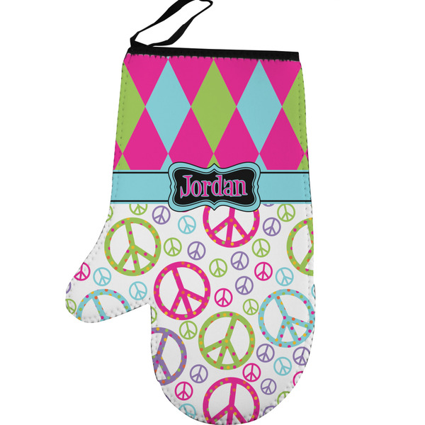 Custom Harlequin & Peace Signs Left Oven Mitt (Personalized)