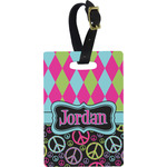 Harlequin & Peace Signs Plastic Luggage Tag - Rectangular w/ Name or Text