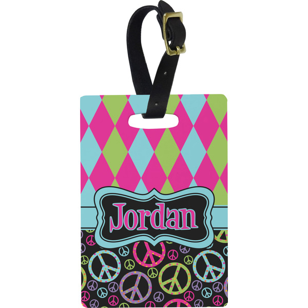 Custom Harlequin & Peace Signs Plastic Luggage Tag - Rectangular w/ Name or Text