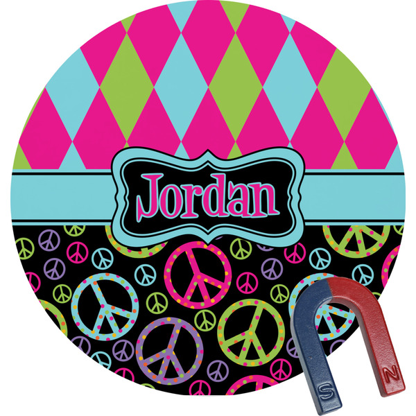 Custom Harlequin & Peace Signs Round Fridge Magnet (Personalized)