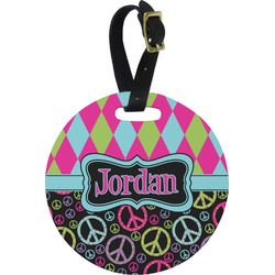 Harlequin & Peace Signs Plastic Luggage Tag - Round (Personalized)