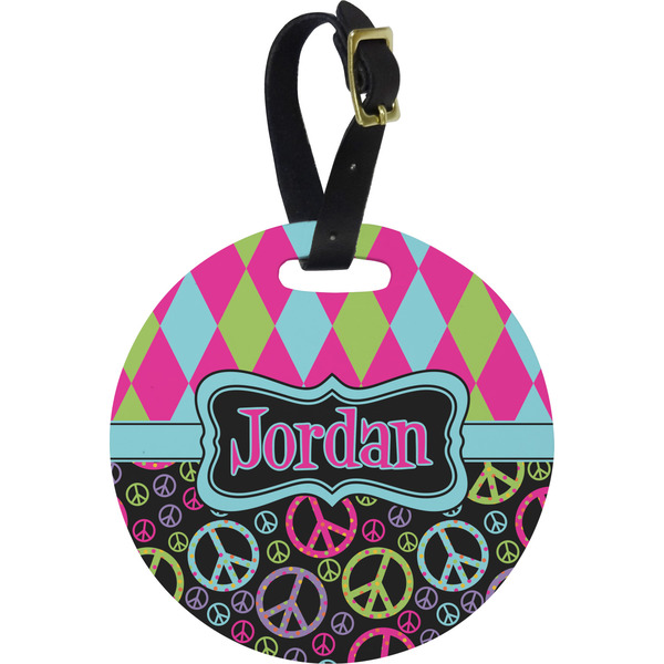 Custom Harlequin & Peace Signs Plastic Luggage Tag - Round (Personalized)