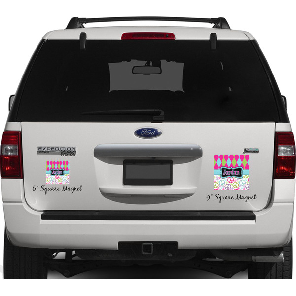 Harlequin & Peace Signs Personalized Square Car Magnets on Ford Explorer