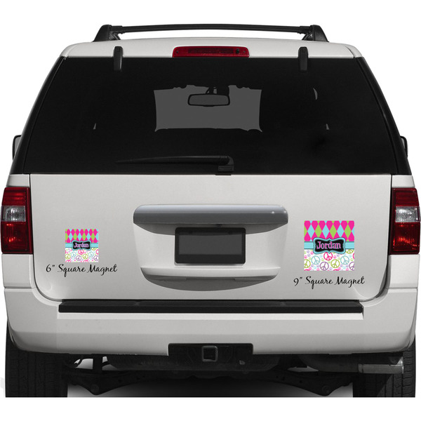 Harlequin & Peace Signs Personalized Square Car Magnets on Ford Explorer