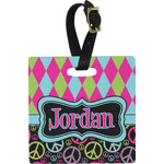 Harlequin & Peace Signs Plastic Luggage Tag - Square w/ Name or Text