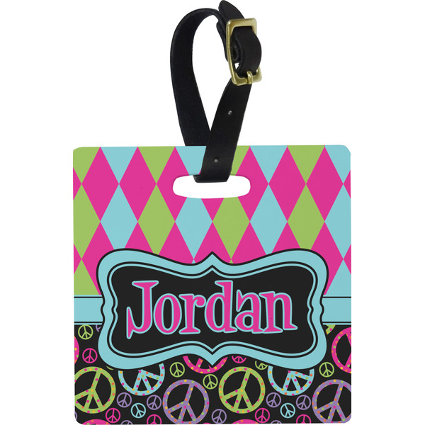 Custom Harlequin & Peace Signs Plastic Luggage Tag - Square w/ Name or Text