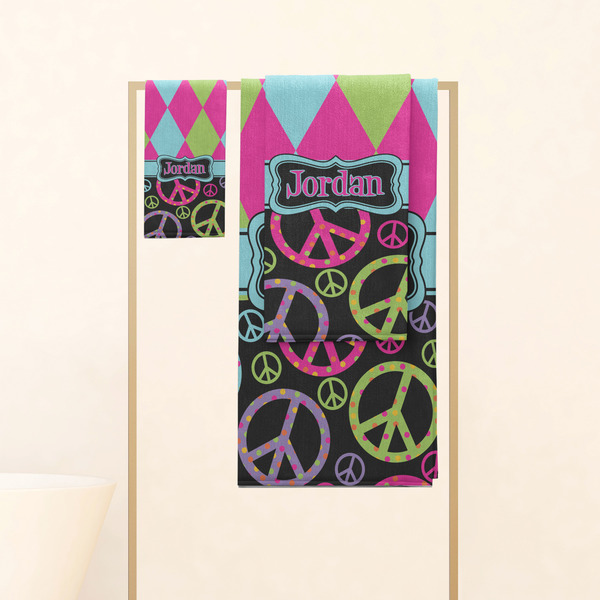 Harlequin & Peace Signs Personalized Towel Set