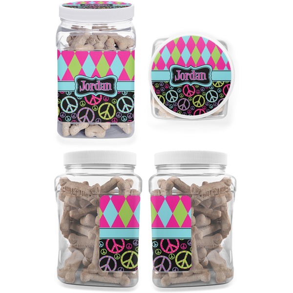 Harlequin & Peace Signs Pet Treat Jar - Multiple Angles