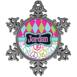 Harlequin & Peace Signs Vintage Snowflake Ornament (Personalized)