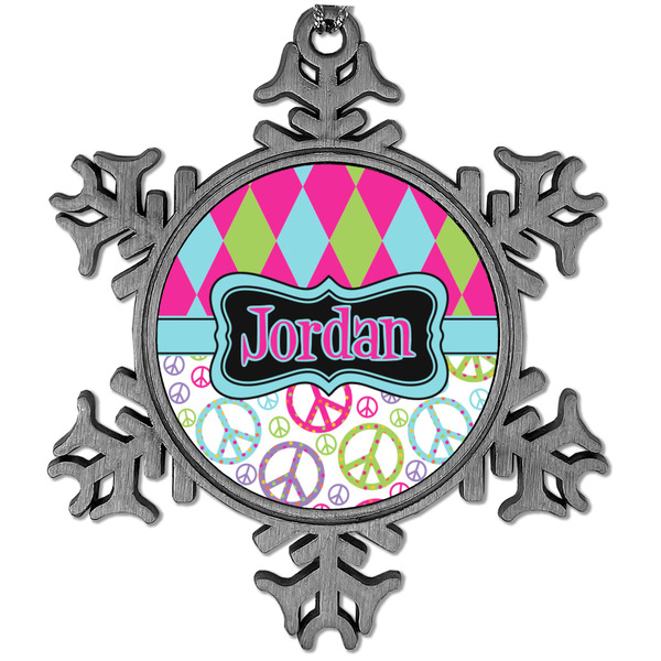 Custom Harlequin & Peace Signs Vintage Snowflake Ornament (Personalized)